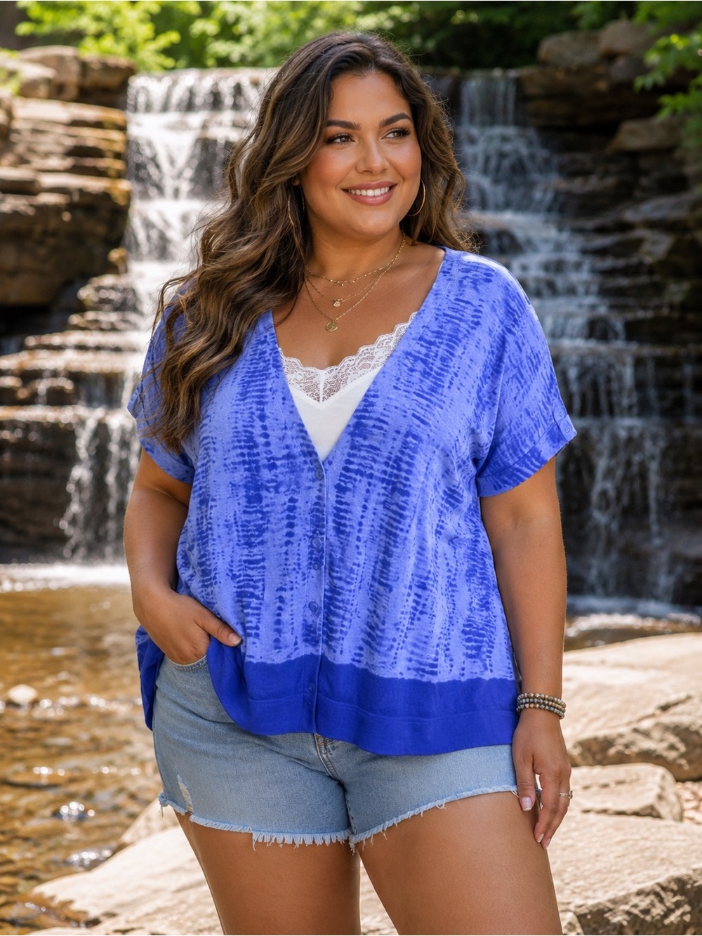 Route 66 Blue Patterned V-Neck Top